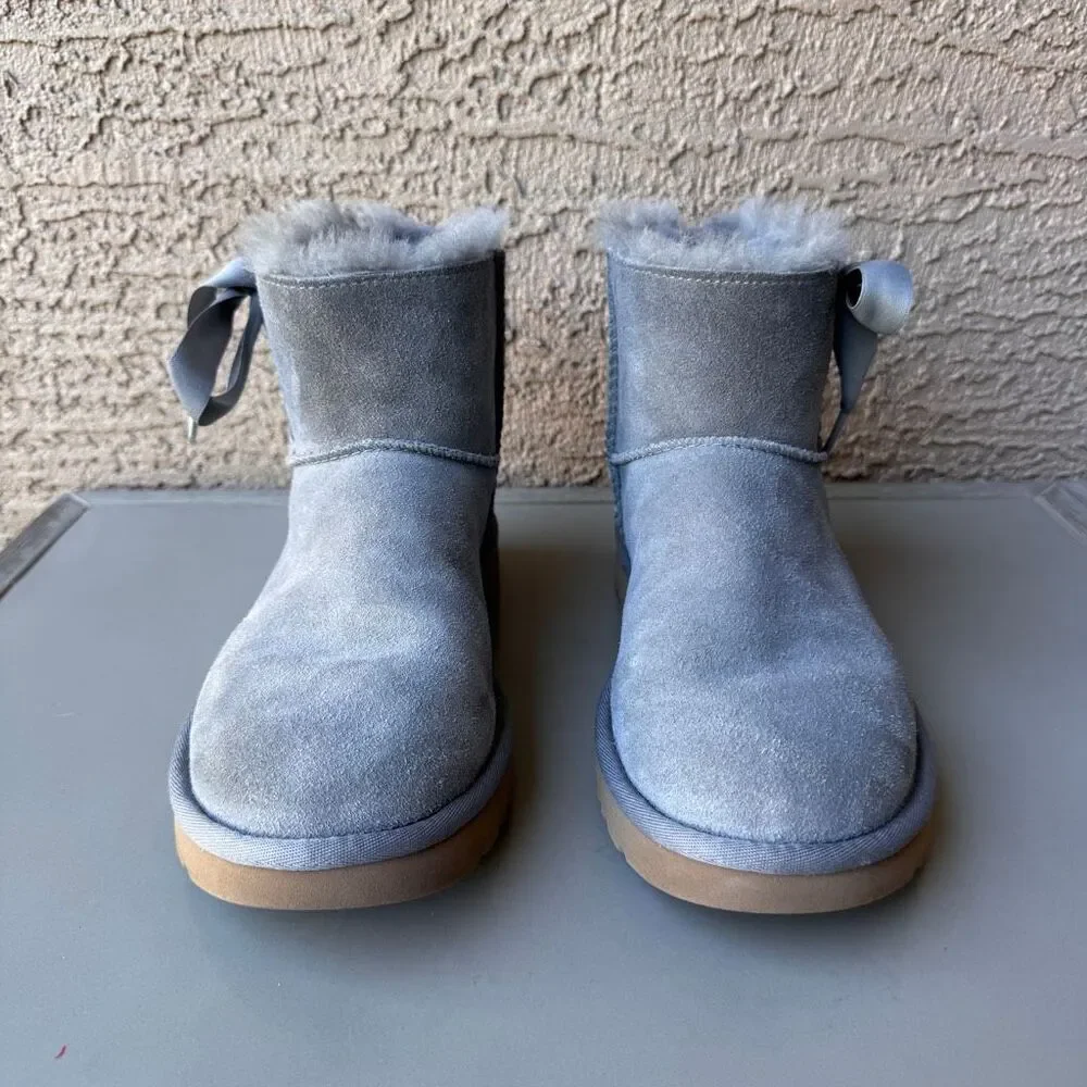UGG Lace Mini Boots Womens 8 Gray Suede Corset Bow Classic Shearling Pull On